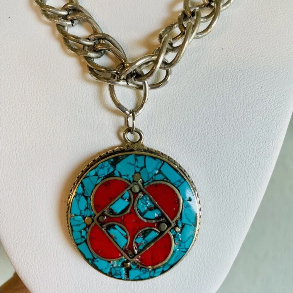 Handcrafted Western necklace turquoise and red